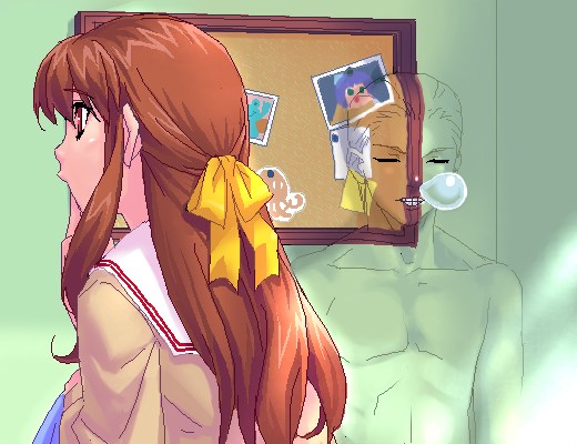 zen, nagamori mizuka, orihara kouhei, one – kagayaku kisetsu e, 00s, 1girl, bodypaint, brown hair, camouflage, female focus, half updo, long hair, long sleeves, nose bubble, oekaki, school uniform, serafuku, sleeping, solo