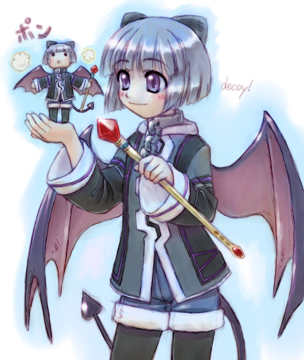 waku (waku no hito), original, baton, gender request, androgynous, bat wings, chain, collar, demon tail, doll, grey hair, pantyhose, purple eyes, shorts, solo, tail, wings