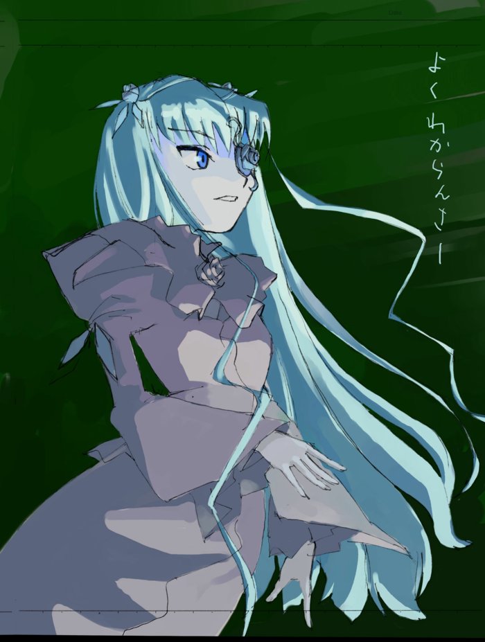 pinzu, barasuishou, rozen maiden, 00s, 1girl, blue eyes, blue hair, dress, female focus, flower eyepatch, long hair, matching hair/eyes, solo