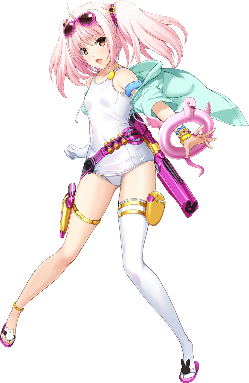 onigirikun, shihoudou narika, choukou (alicesoft), choukou sennin haruka, choukou taisen escalation heroines, highres, official art, 1girl, :d, breasts, eyewear on head, full body, one-piece swimsuit, open mouth, outstretched arm, pink hair, sandals, single thighhigh, small breasts, smile, swimsuit, tachi-e, thighhighs, twintails, white one-piece swimsuit, white thighhighs