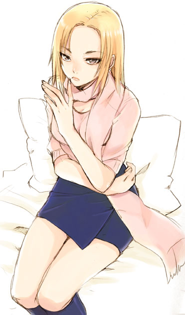 sakura koharu, original, 1girl, bed, blonde hair, female focus, frown, grey eyes, kneehighs, miniskirt, pillow, scarf, sitting, skirt, socks, solo