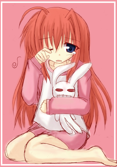 shikine, vita (nanoha), lyrical nanoha, mahou shoujo lyrical nanoha, mahou shoujo lyrical nanoha a's, 00s, 1girl, black eyes, female focus, holding, holding stuffed toy, long hair, one eye closed, orange hair, pink background, red hair, rubbing eyes, simple background, sitting, sleepy, solo, stuffed animal, stuffed rabbit, stuffed toy, wariza