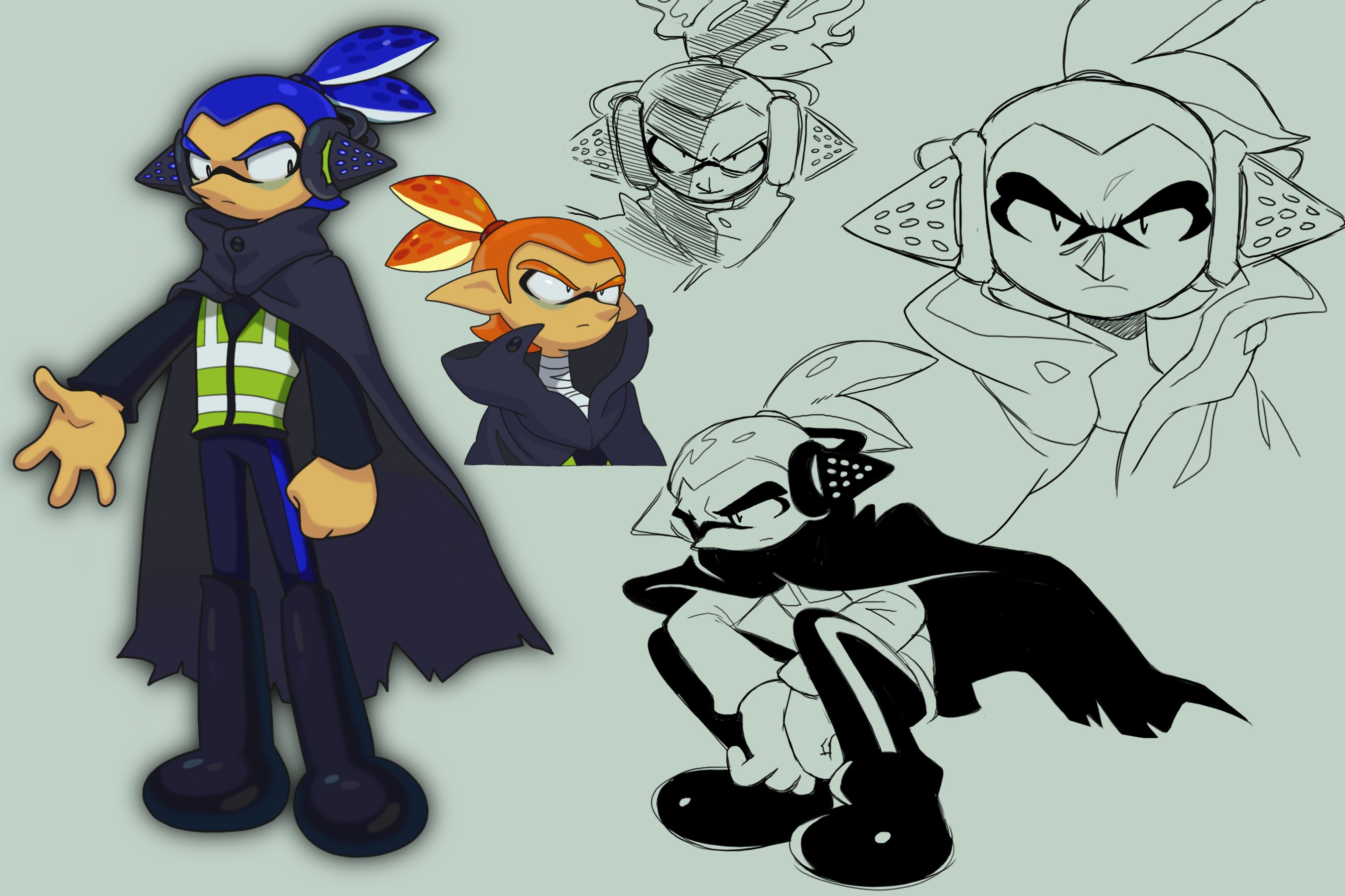 roachgore, nintendo, splatoon (series), highres, black cloak, blue hair, cloak, closed mouth, frown, headphones, inkling, long sleeves, orange hair, pants, pointy ears, ponytail, tentacle hair, thick eyebrows, vest