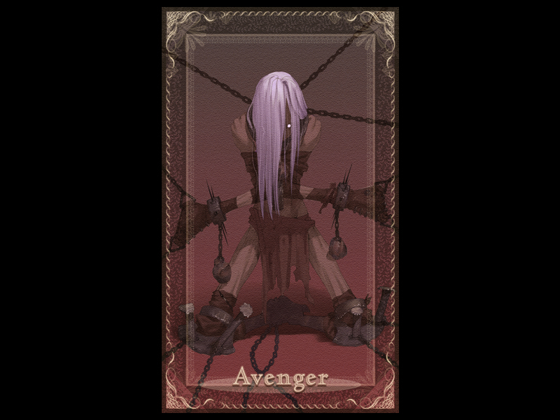 takeuchi takashi, angra mainyu (fate), avenger class (fate), fate/hollow ataraxia, fate/stay night, fate (series), game cg, 00s, 1boy, 1girl, card, card (medium), character name, female focus, solo, torn clothes