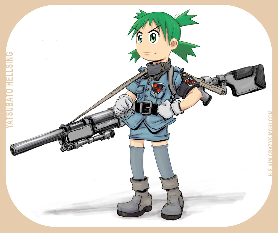 koiwai yotsuba, seras victoria, hellsing, yotsubato!, 1girl, anti-materiel rifle, badge, boots, child, cosplay, crossover, female focus, green hair, gun, hellsing 13.7mm baerlks, military, military uniform, miniskirt, parody, pencil skirt, quad tails, rifle, skirt, sniper rifle, solo, thighhighs, weapon