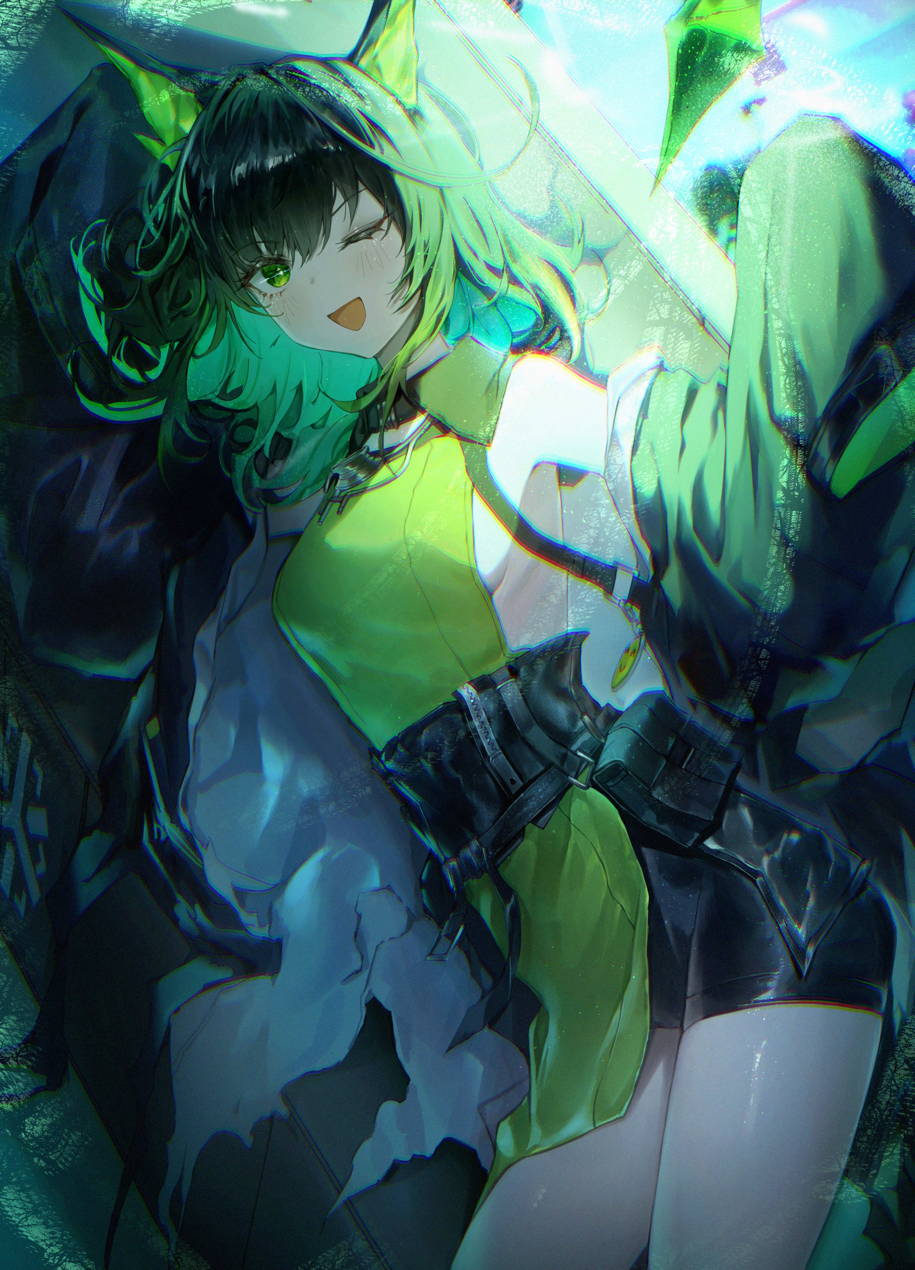 onedr, mon3tr (arknights), arknights, absurdres, commentary, highres, 1girl, ;d, animal ears, aqua hair, bare shoulders, black shorts, blush, breasts, curly hair, detached sleeves, green eyes, green hair, looking at viewer, multicolored hair, one eye closed, open mouth, shorts, sideboob, smile, solo, two-tone hair