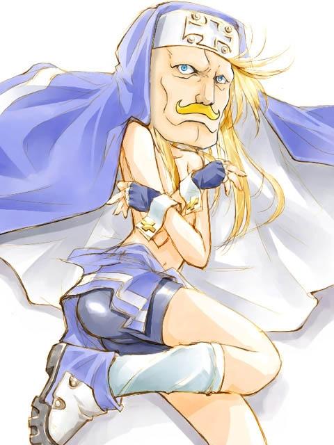 suka, alex louis armstrong, bridget (guilty gear), arc system works, fullmetal alchemist, guilty gear, habit, third-party edit, 1boy, blonde hair, blue eyes, crossover, facial hair, fingerless gloves, gloves, male focus, mustache, parody, solo, trap