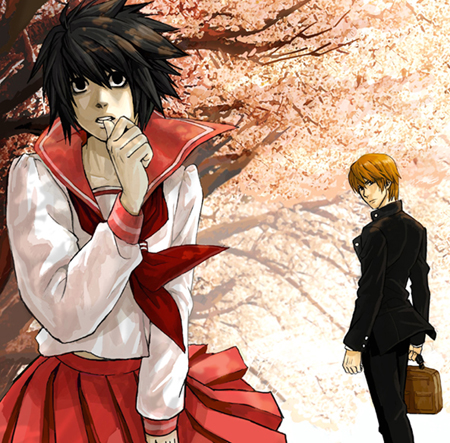 l (death note), yagami light, death note, to heart, to heart (series), lowres, 2boys, bag, bags under eyes, cherry blossoms, crossdressing, crossdressing (mtf), crossover, long sleeves, male focus, multiple boys, parody, pleated skirt, school bag, school uniform, serafuku, skirt, yaoi