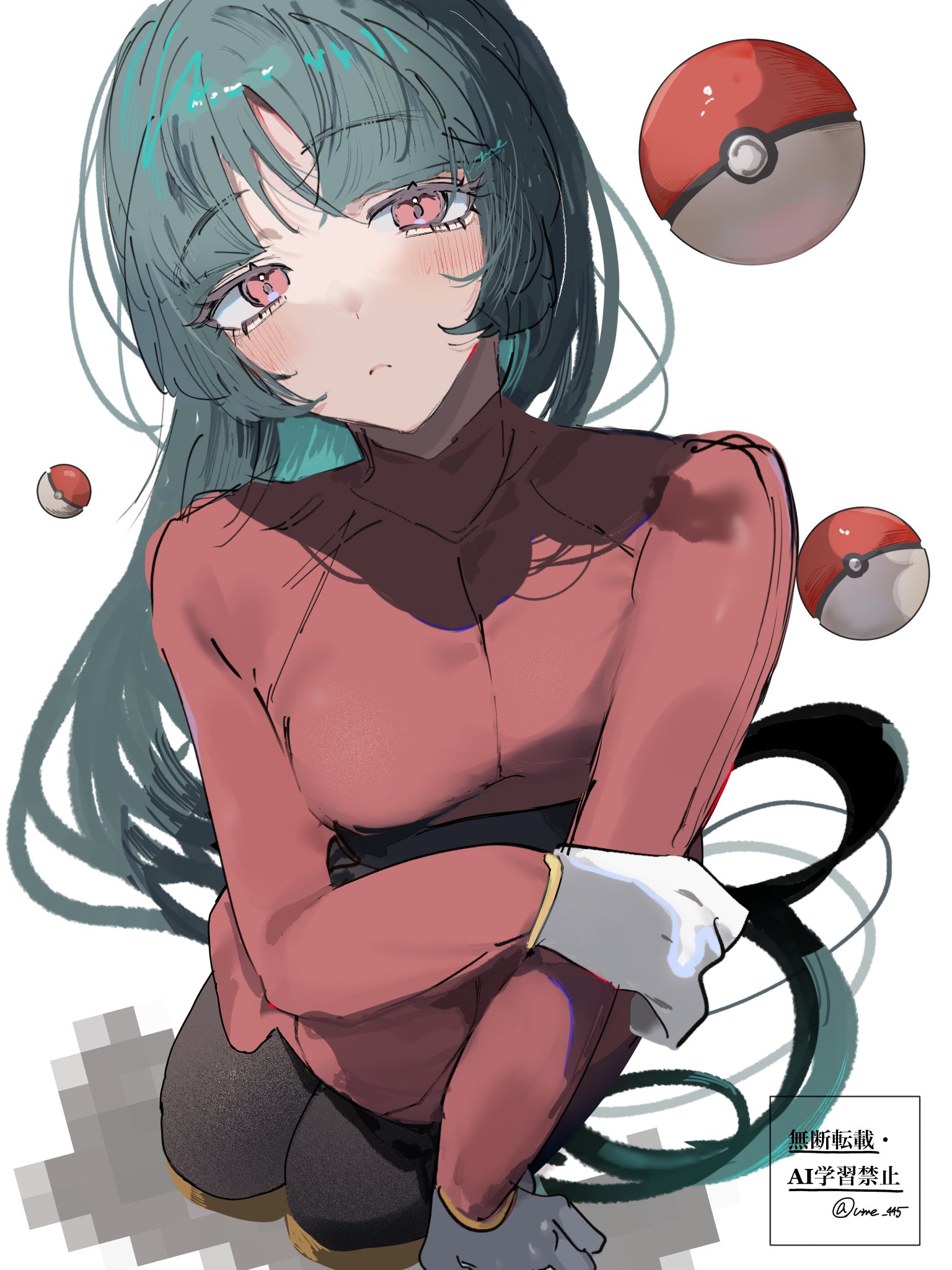 ume (ume 445), sabrina (pokemon), nintendo, pokemon, pokemon frlg, highres, 1girl, black bodysuit, black hair, blunt bangs, blush, bodysuit, bodysuit under clothes, breasts, closed mouth, crop top, cropped shirt, frown, gloves, green hair, long hair, long sleeves, looking at viewer, medium breasts, pencil skirt, poke ball, poke ball (basic), red eyes, red shirt, red skirt, shirt, simple background, skirt, solo, white background, white gloves
