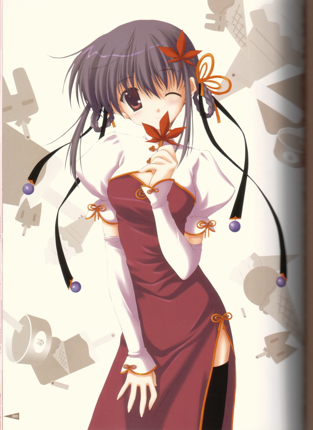 nanao naru, highres, 1girl, black hair, braid, braided hair rings, breasts, brown eyes, brown hair, china dress, chinese clothes, cleavage, detached sleeves, dress, female focus, hair ribbon, hair rings, leaf, long hair, looking at viewer, maple leaf, narunanao, one eye closed, puffy sleeves, ribbon, side slit, smile, solo, thighhighs, zettai ryouiki