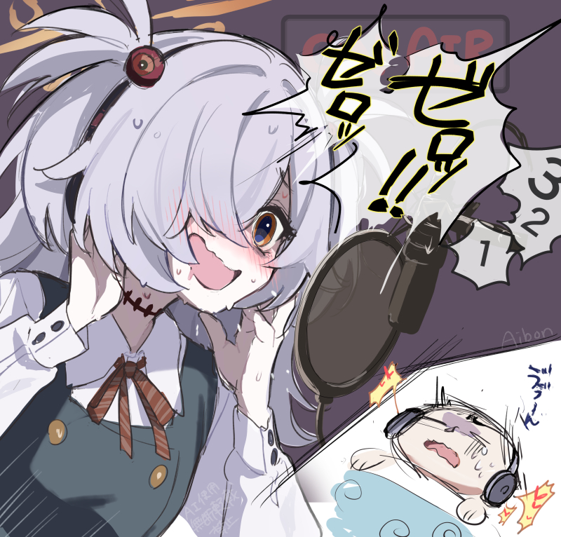 aibon, doodle sensei (blue archive), kanoe (blue archive), sensei (blue archive), blue archive, tagme, 1boy, 1girl, asmr, bags under eyes, buttons, double-breasted, hair over one eye, halo, headphones, long hair, messy hair, microphone, mojyo, sleeping, white hair