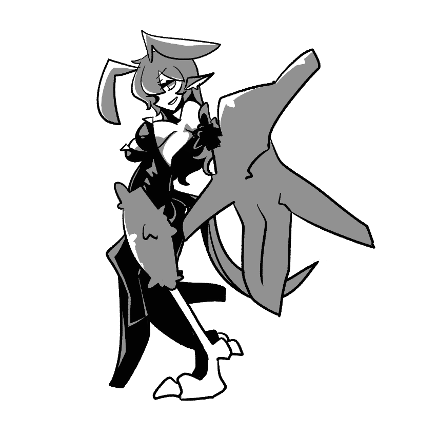 big o pants, fio-chan (big o pants), original, commentary request, 1girl, animal ears, bare shoulders, bird ears, bird legs, bird tail, breasts, feather fingers, feathers, greyscale, harpy, highleg, highleg leotard, leotard, long hair, looking at viewer, monochrome, monster girl, no lineart, open mouth, solo, tail, talons, winged arms, wings