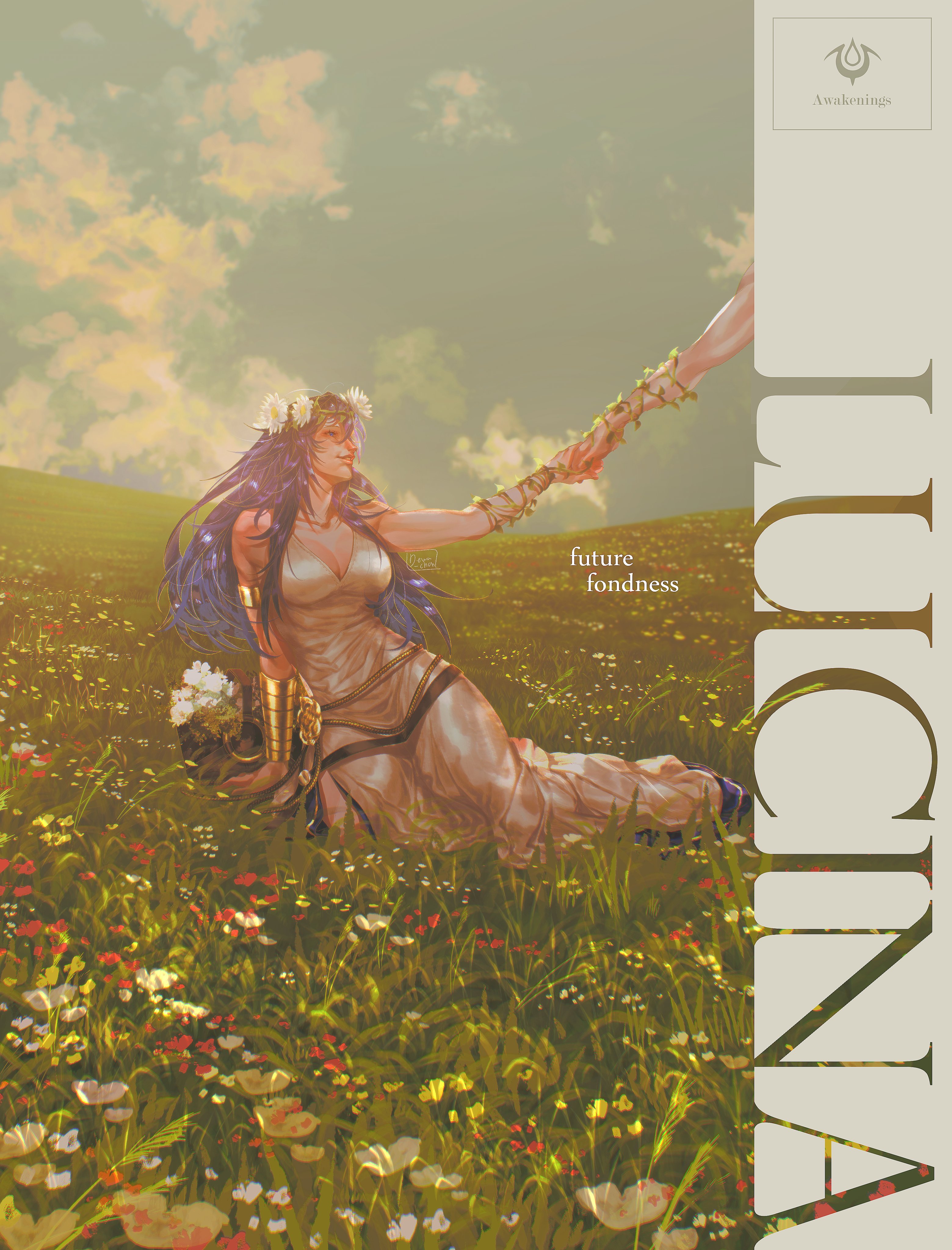 dewa-chan, lucina (fire emblem), lucina (valentine) (fire emblem), fire emblem, fire emblem awakening, fire emblem heroes, nintendo, absurdres, highres, 1girl, 1other, armlet, bare shoulders, blue eyes, blue hair, blue sky, bracelet, breasts, cleavage, collarbone, dress, field, flower, grass, hair between eyes, hair flower, hair ornament, head wreath, jewelry, large breasts, long hair, looking at another, official alternate costume, open mouth, outdoors, plant, sky, sleeveless, sleeveless dress, smile, solo focus, vines, white dress