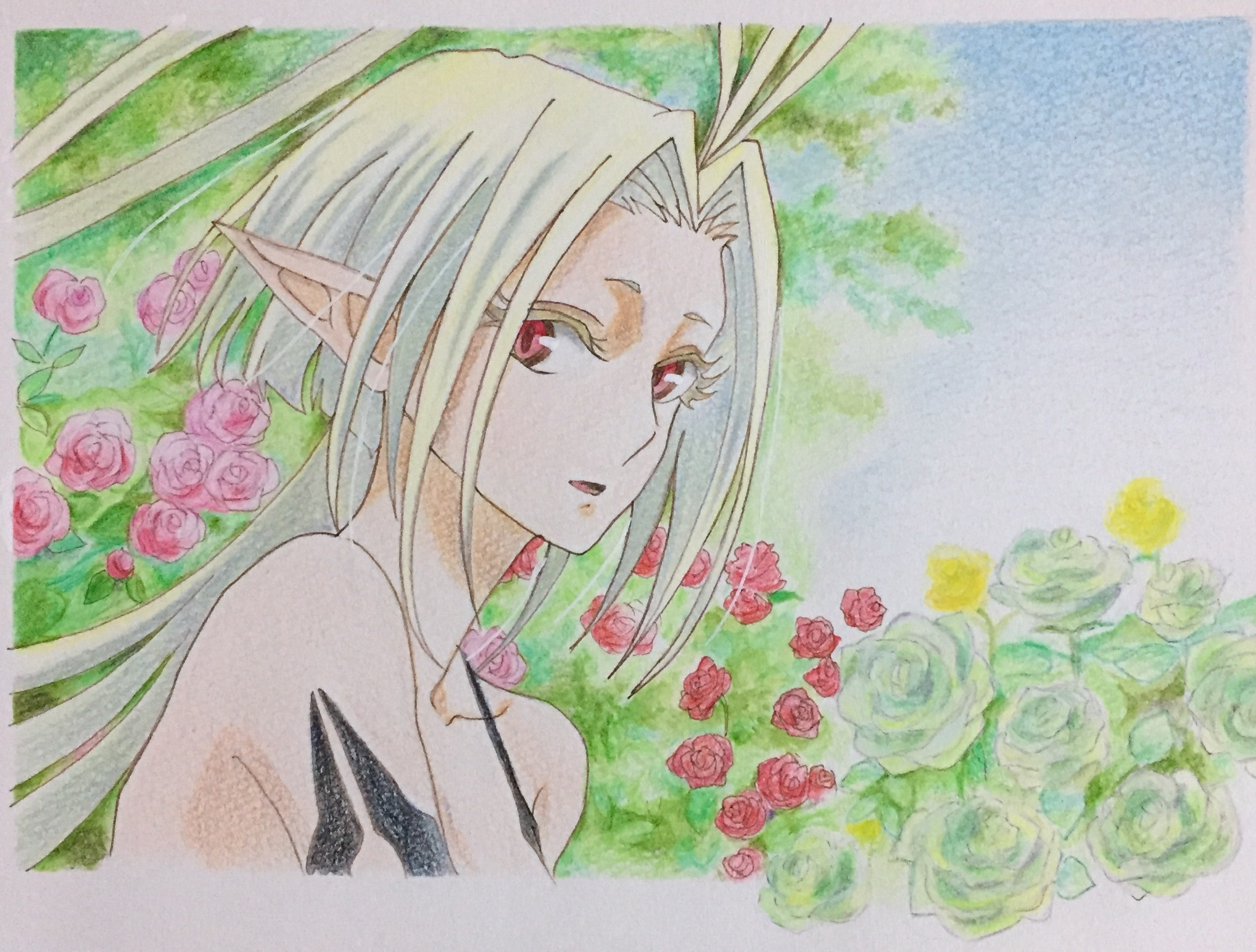 redcurrant (mahou tsukai no yome), mahou tsukai no yome, colored pencil (medium), commentary request, highres, painting (medium), traditional media, watercolor (medium), 1girl, ahoge, antenna hair, bare shoulders, blonde hair, blue sky, breasts, collarbone, day, elbow gloves, eyelashes, flower, gloves, green flower, green rose, long hair, looking at viewer, open mouth, outdoors, parted bangs, plant, pointy ears, puchi-petit, red eyes, red flower, red rose, rose, sky, slit pupils, solo, tree, upper body, vampire, yellow flower