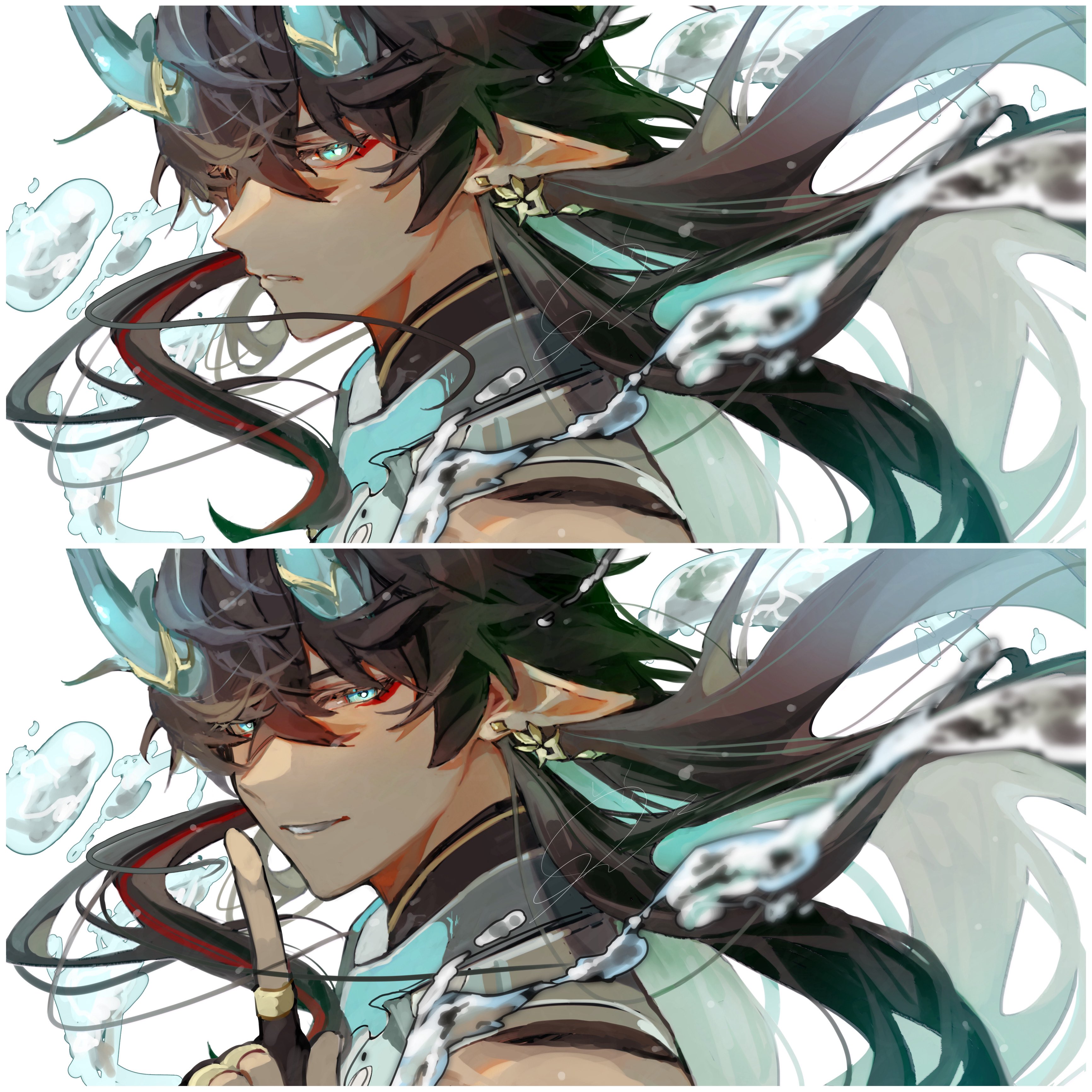 ruri r rikka, dan heng (honkai: star rail), dan heng (imbibitor lunae) (honkai: star rail), honkai: star rail, honkai (series), absurdres, highres, 1boy, aqua eyes, aqua hair, bare shoulders, black gloves, black hair, colored inner hair, dragon boy, dragon horns, earrings, eastern dragon horns, eyeliner, fingerless gloves, gloves, hair between eyes, half-closed eyes, hand up, horns, jewelry, long hair, looking at viewer, makeup, male focus, mandarin collar, multicolored hair, official alternate costume, parted lips, pointy ears, red eyeliner, sign, simple background, single earring, sleeveless, solo, teeth, two-tone hair, white background