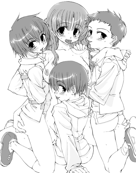 tololi, original, 1girl, 3boys, :p, ass, blush, bottomless, breasts, clothed male nude female, gangbang, grabbing another's ass, greyscale, groping, group sex, hetero, hood, hoodie, implied sex, licking, long hair, looking back, medium breasts, monochrome, multiple boys, nipples, nude, saliva, saliva trail, scarf, sex, shoes, short hair, shota, simple background, sneakers, spread legs, sweat, teenage girl and younger boy, tongue, tongue out, vaginal, white background