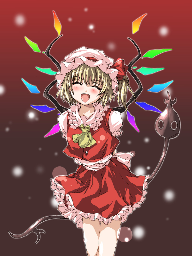 matsukura nemu, flandre scarlet, embodiment of scarlet devil, touhou, 1girl, 2004, arms behind back, ascot, blonde hair, blush, closed eyes, dress, female focus, gradient background, happy, hat, laevatein, mob cap, open mouth, pink hat, ponytail, red dress, ribbon, short hair, side ponytail, smile, solo, weapon, wings, yellow ascot
