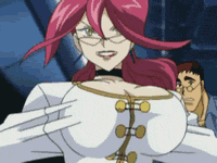 aoi kiriko, shinkon gattai godannar!!, uniform, animated, animated gif, anime screenshot, lowres, 00s, 1boy, 1girl, bouncing breasts, breasts, brown hair, bursting breasts, choker, cleavage, close-up, glasses, hands on own hips, huge breasts, lipstick, long hair, makeup, mature female, no bra, ponytail, popped button, red hair, short hair, wardrobe malfunction, yellow eyes