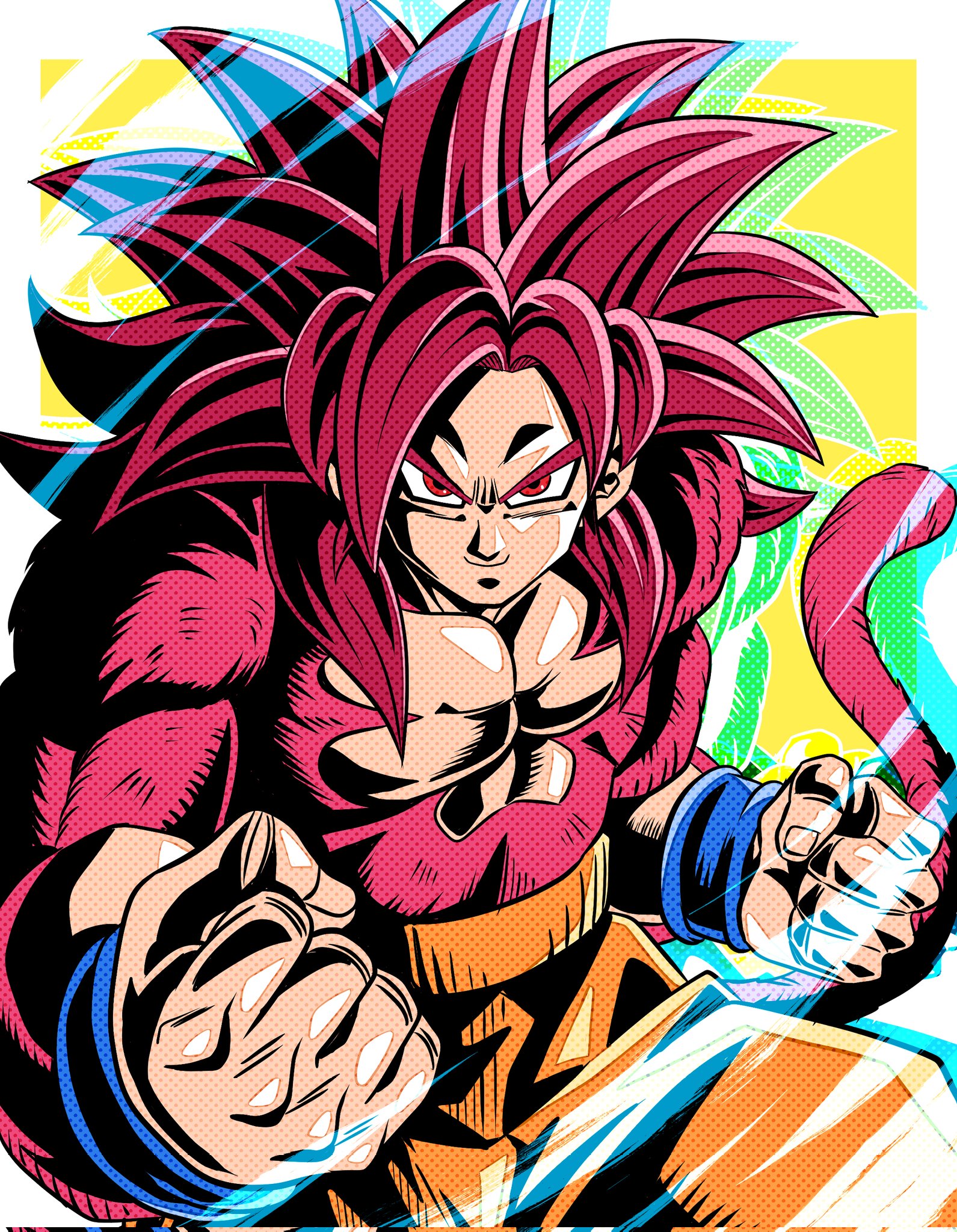 ushi (akabec0), son goku, dragon ball, dragon ball daima, corrupted twitter file, highres, 1boy, border, clenched hands, cowboy shot, long hair, male focus, monkey tail, muscular, muscular male, orange pants, pants, red fur, red hair, red tail, simple background, smile, solo, spiked hair, super saiyan, super saiyan 4, tail, topless male, white border, yellow background