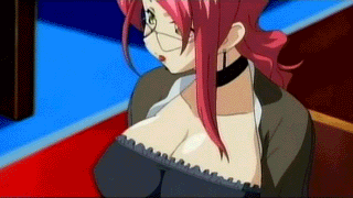 aoi kiriko, shinkon gattai godannar!!, animated, animated gif, anime screenshot, lowres, 00s, 1girl, between breasts, bouncing breasts, breasts, cellphone, choker, cleavage, cleavage reach, close-up, female focus, glasses, huge breasts, long hair, mature female, phone, ponytail, red hair, sitting, solo, subtitled, yellow eyes