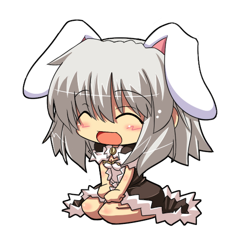 high wizard (ragnarok online), ragnarok online, commentary request, lowres, 1girl, 2000s (style), :d, animal ears, aries23, blush, brown cape, cape, chibi, chibi only, closed eyes, dress, fake animal ears, full body, fur-trimmed cape, fur trim, grey hair, medium hair, open mouth, rabbit ears, simple background, sitting, smile, solo, white background, white dress