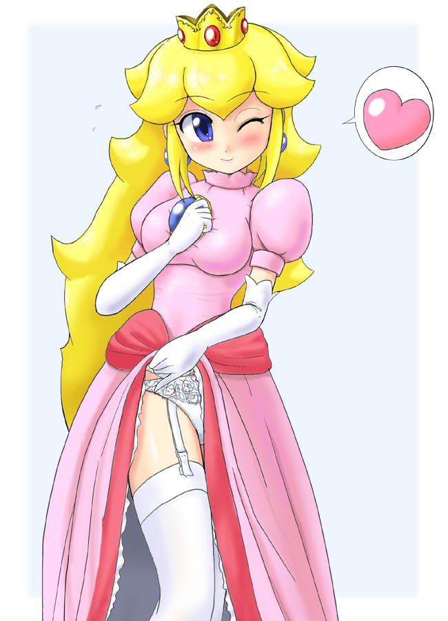 konpeto, princess peach, mario (series), nintendo, jpeg artifacts, 1girl, ;), aqua background, blonde hair, blue eyes, blush, border, brooch, clothes lift, crown, dress, dress lift, earrings, elbow gloves, female focus, frills, garter belt, gloves, hand on own chest, hat, heart, jewelry, lingerie, long hair, one eye closed, outside border, panties, pink dress, skirt, skirt lift, smile, solo, spoken heart, thighhighs, underwear, upskirt, white gloves, white panties, white thighhighs, wink