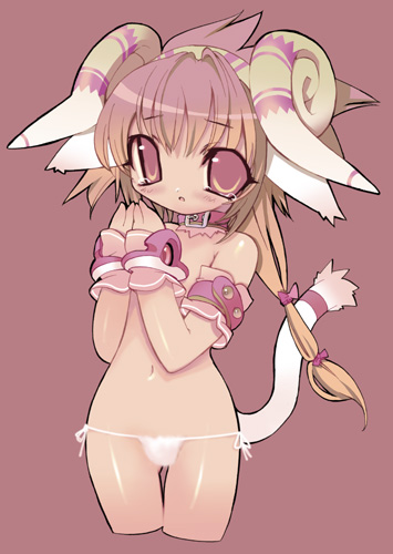 blade (galaxist), lowres, 1girl, blush, collar, female focus, hair ribbon, horns, long hair, lowleg, lowleg panties, monster girl, multicolored hair, navel, open mouth, panties, pink eyes, ribbon, sheep, sheep girl, side-tie panties, solo, tears, thigh gap, thighs, underwear, white panties