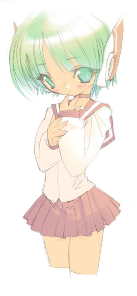 blade (galaxist), multi (to heart), to heart, to heart (series), 1girl, cowboy shot, cropped legs, female focus, green eyes, green hair, matching hair/eyes, pleated skirt, robot ears, school uniform, serafuku, simple background, skirt, solo, white background