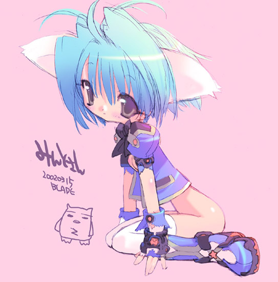 blade (galaxist), mint blancmanche, normad, broccoli (company), galaxy angel, translated, 00s, 1girl, animal ears, artist name, blue hair, bottomless, breasts, cat ears, character name, dated, female focus, fingerless gloves, gloves, loli, no bra, no panties, open clothes, pink background, short hair, simple background, sitting, small breasts, solo, thighhighs, wariza