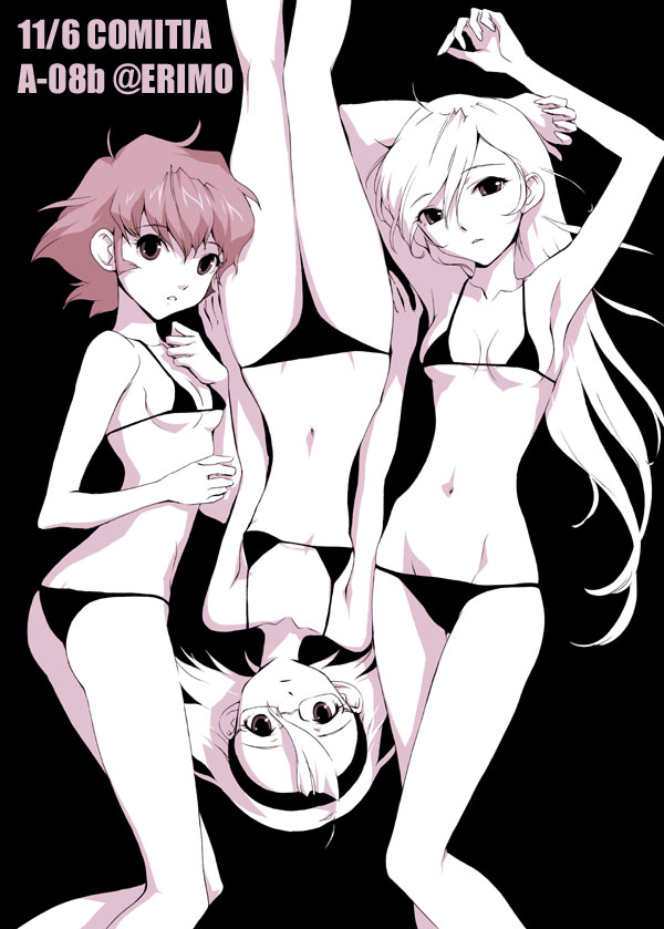 nishimura eri, original, 3girls, bikini, glasses, long legs, monochrome, multiple girls, pink theme, red hair, skinny, string bikini, swimsuit, white hair