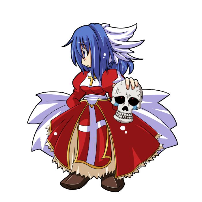 high priest (ragnarok online), ragnarok online, commentary request, 1girl, 2000s (style), aries23, blue hair, breasts, brown shoes, closed mouth, cross, dress, expressionless, full body, holding, holding skull, juliet sleeves, long sleeves, looking afar, medium breasts, medium hair, puffy sleeves, purple eyes, red dress, sash, shoes, simple background, skull, solo, two-tone dress, white background, white dress, white sash