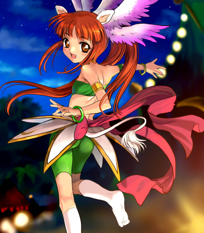 mutsuki (moonknives), leonne, fushigiboshi no futago hime, shogakukan, 00s, 1girl, animal ears, armband, armlet, ass, back, bandeau, bike shorts, blush, bracelet, choker, dancing, fang, feet, female focus, flat chest, from behind, head wings, jewelry, kneehighs, leg lift, long hair, looking back, night, night sky, open mouth, orange eyes, orange hair, outdoors, ponytail, samba, sky, socks, solo, strapless, tail, tube top, white socks, wings
