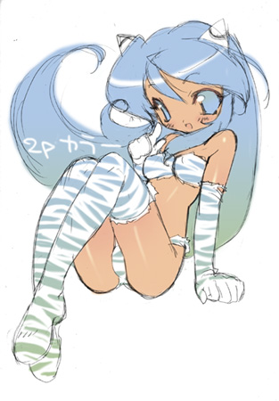 blade (galaxist), lum, urusei yatsura, striped, lowres, altcolor, alternate color, animal print, cone horns, horns, solo, thighhighs, tiger print