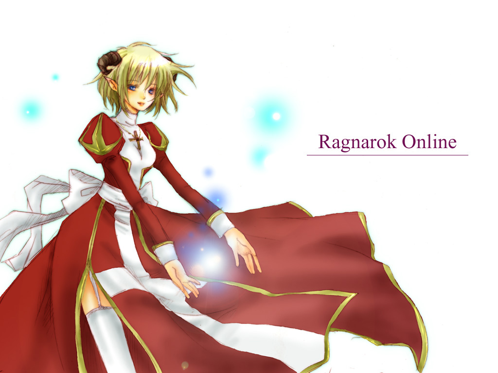 michiru (pink), high priest (ragnarok online), ragnarok online, commentary request, 1girl, 2000s (style), back bow, blonde hair, blue eyes, bow, breasts, brown horns, closed mouth, copyright name, cowboy shot, cross, cross necklace, dress, energy ball, garter straps, horns, jewelry, juliet sleeves, lips, long sleeves, looking at viewer, necklace, pointy ears, puffy sleeves, red dress, sash, short hair, simple background, small breasts, smile, solo, thighhighs, two-tone dress, white background, white bow, white dress, white sash, white thighhighs