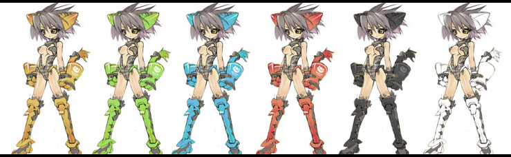 blade (galaxist), 6+girls, altcolor, alternate color, android, animal ears, animal hands, animal print, bare shoulders, breasts, cat ears, cat tail, center opening, gloves, grey hair, halterneck, leotard, lineup, looking to the side, medium breasts, multiple girls, paw gloves, robot, short hair, simple background, standing, tail, thighhighs, tiger print, turtleneck, underboob, variations, white background, yellow eyes