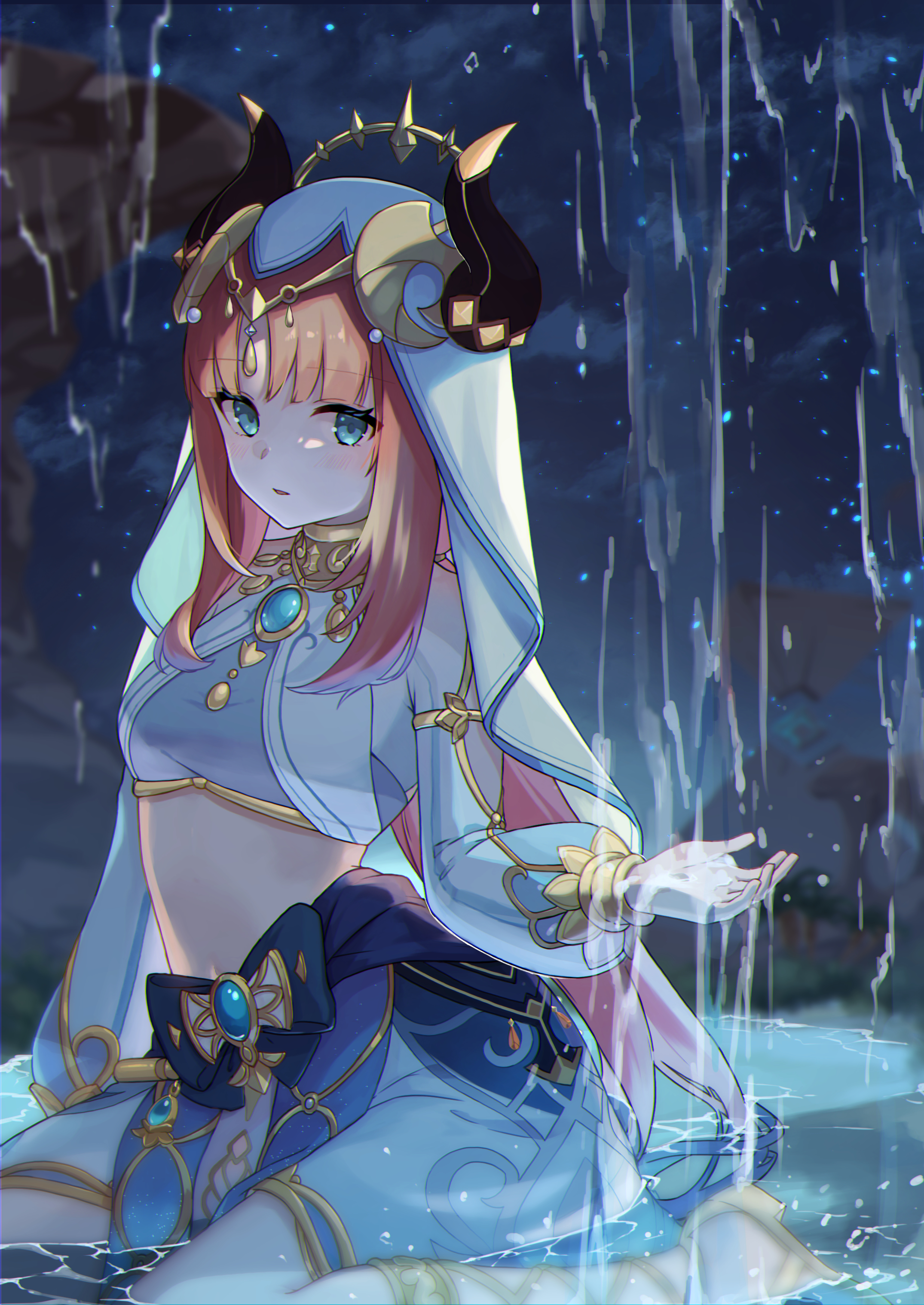 yu ri 0320, nilou (genshin impact), genshin impact, absurdres, commentary request, highres, 1girl, aqua eyes, black horns, blue brooch, blue skirt, brooch, crop top, fake horns, gladiator sandals, gold trim, harem outfit, horns, jewelry, long hair, long sleeves, looking at viewer, midriff, parted lips, puffy long sleeves, puffy sleeves, red hair, sandals, sitting, skirt, solo, veil, wariza, water, white veil