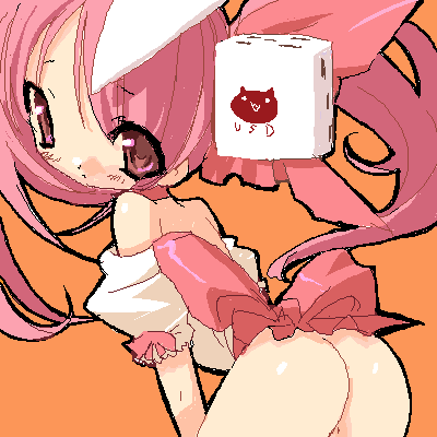 blade (galaxist), usada hikaru, di gi charat, lowres, 1girl, animal, ass, bent over, blush, bottomless, bow, cat, choker, detached sleeves, dice, female focus, hair ribbon, loli, long hair, looking at viewer, looking back, oekaki, orange background, pink bow, pink eyes, pink ribbon, puffy sleeves, ribbon, short sleeves, solo, twintails, waist bow