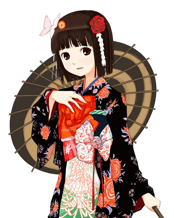 b-ginga, original, 1girl, brown eyes, brown hair, brown umbrella, cowboy shot, female focus, floral print, flower, grey umbrella, hair flower, hair ornament, japanese clothes, kimono, long sleeves, looking at viewer, obi, oil-paper umbrella, pale skin, sash, short hair, simple background, solo, umbrella, white background, wide sleeves
