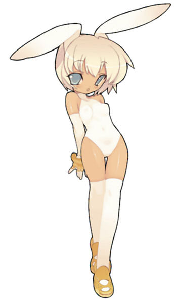 blade (galaxist), animal ears, blonde hair, blue eyes, blush, elbow gloves, gloves, open mouth, rabbit ears, short hair, thighhighs