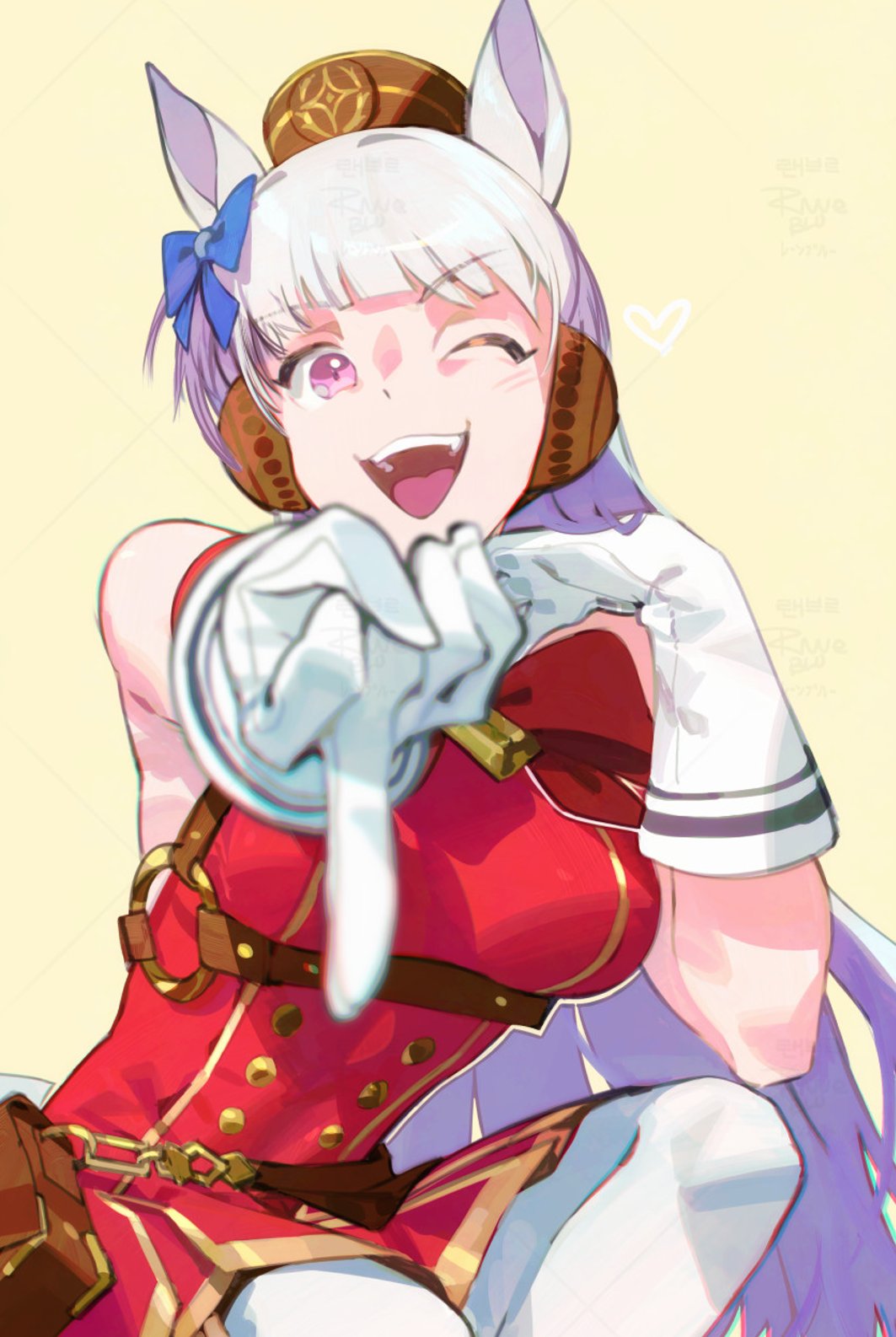 raneblu, gold ship (umamusume), umamusume, commentary, english commentary, highres, 1girl, animal ears, armband, blunt bangs, blush, bow, breasts, brown hat, dress, ear bow, gloves, grey hair, hat, horse ears, horse girl, horse tail, long hair, looking at viewer, medium breasts, one eye closed, open mouth, pantyhose, pillbox hat, pointing, pointing at viewer, purple bow, purple eyes, red armband, red dress, simple background, sleeveless, sleeveless dress, smile, solo, tail, teeth, tongue, upper teeth only, white gloves, white pantyhose
