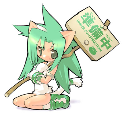 blade (galaxist), lowres, 1girl, animal ears, cat ears, female focus, green hair, holding, holding sign, sign, solo, under construction