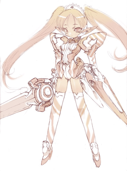 blade (galaxist), blade, elf, long hair, maid, monochrome, pointy ears, solo, thighhighs, twintails, very long hair