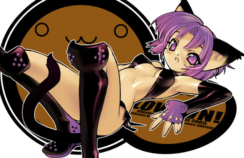 blade (galaxist), lowres, 1girl, animal ears, blush, boots, breasts, cat ears, cat tail, elbow gloves, female focus, gloves, lying, medium breasts, open mouth, purple eyes, purple hair, short hair, solo, spread legs, tail, thigh boots, thighhighs, underboob