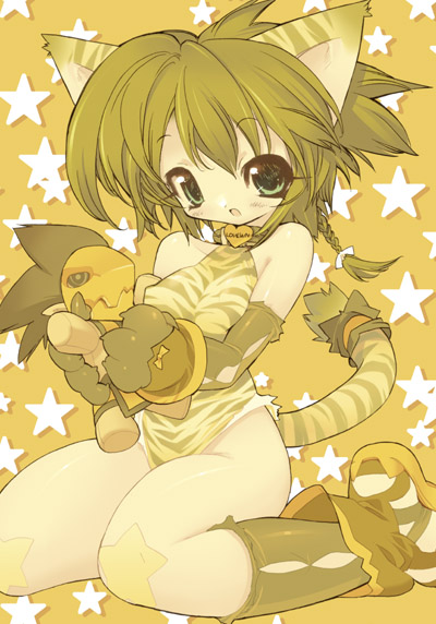 blade (galaxist), cham cham, tamtam (samurai spirits), samurai spirits, snk, 1girl, animal ears, animal print, bare shoulders, blush, braid, breasts, cat ears, cat tail, collar, covered erect nipples, elbow gloves, female focus, gloves, green hair, maya (culture), mexico, monochrome, open mouth, sitting, small breasts, solo, star (symbol), star symbol background, stuffed animal, stuffed toy, tail, tiger print, yellow theme