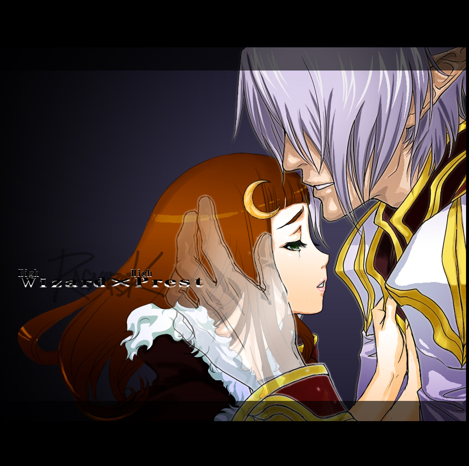 murmurze, high priest (ragnarok online), high wizard (ragnarok online), ragnarok online, commentary, commentary request, english commentary, engrish commentary, 1boy, 1girl, blunt bangs, brown cape, brown hair, cape, character name, coat, crescent, crescent hair ornament, fur-trimmed cape, fur trim, ghost, gold trim, green eyes, grey hair, hair ornament, hetero, letterboxed, lips, long hair, looking at another, pointy ears, short hair, upper body, white coat