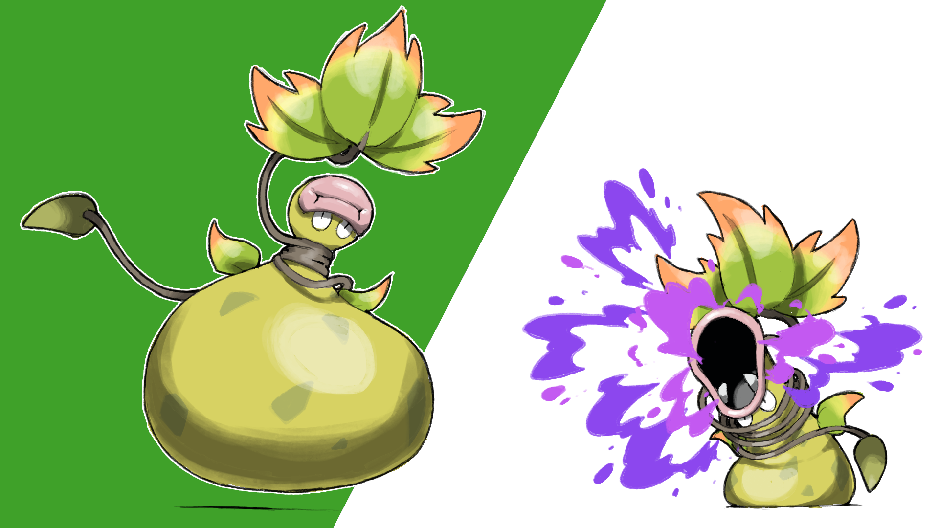 blacknirrow, victreebel, nintendo, pokemon, commentary, highres, acid, closed mouth, fangs, gen 1 pokemon, leaf, mega pokemon, mega victreebel, no humans, open mouth, outline, pink lips, plant, pokemon (creature), pokemon focus, simple background, two-tone background, vines, white outline