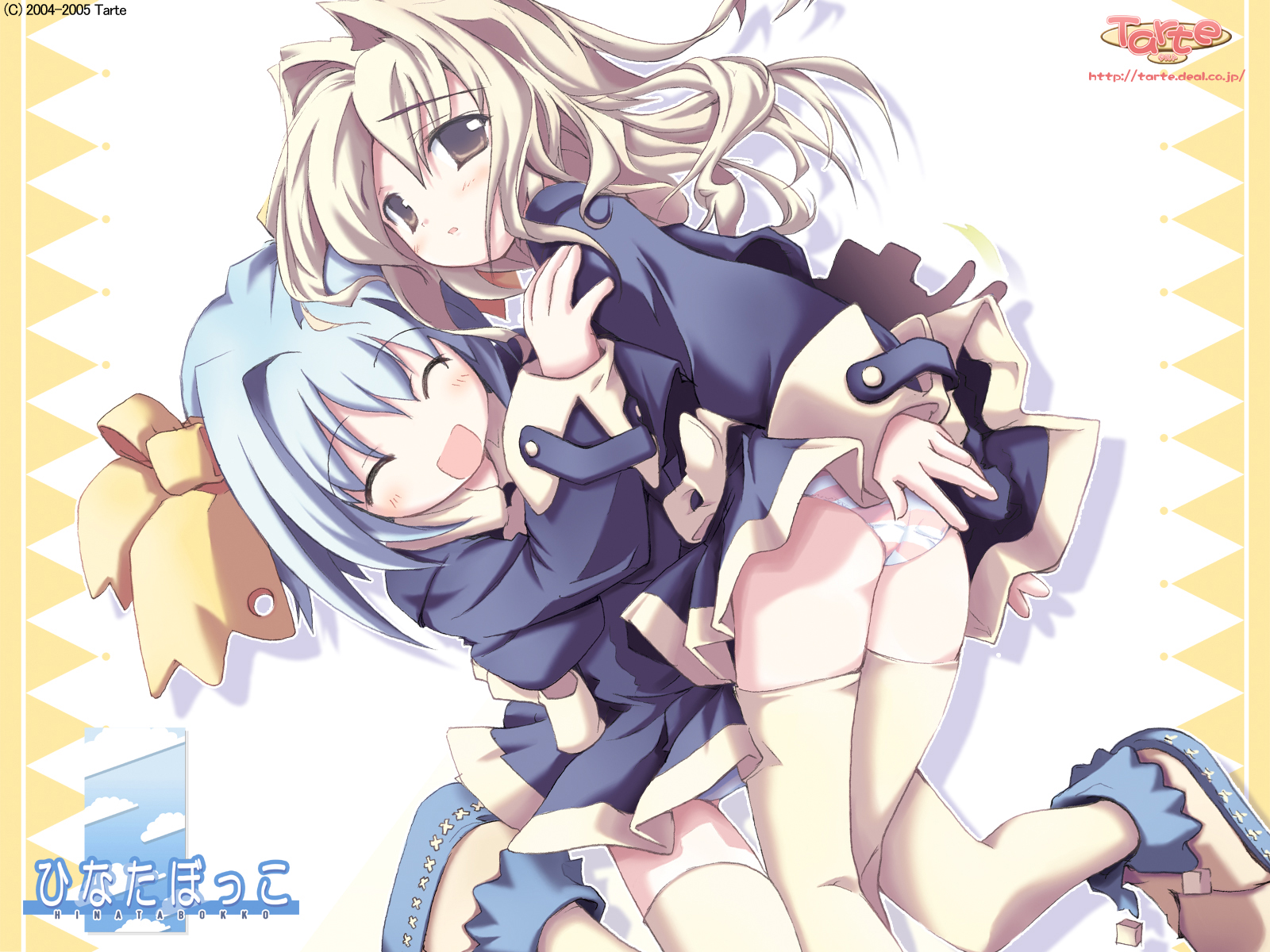 fue (tsuzuku), hayami koharu, kisaragi suzuno, hinatabokko, highres, 2girls, ^ ^, blonde hair, blue hair, blue panties, blush, brown eyes, closed eyes, dress, hair ornament, hair ribbon, hug, long hair, looking back, multiple girls, panties, pantyshot, pink panties, ribbon, shoes, short dress, short hair, smile, standing, striped clothes, striped panties, thighhighs, underwear, upskirt, white panties, white thighhighs, yellow panties