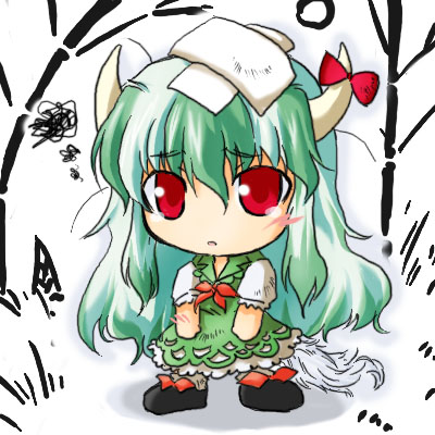 ex-keine, kamishirasawa keine, touhou, lowres, 1girl, chibi, chibi only, female focus, full body, horn ornament, horn ribbon, horns, nature, plant, ribbon, solo, white background