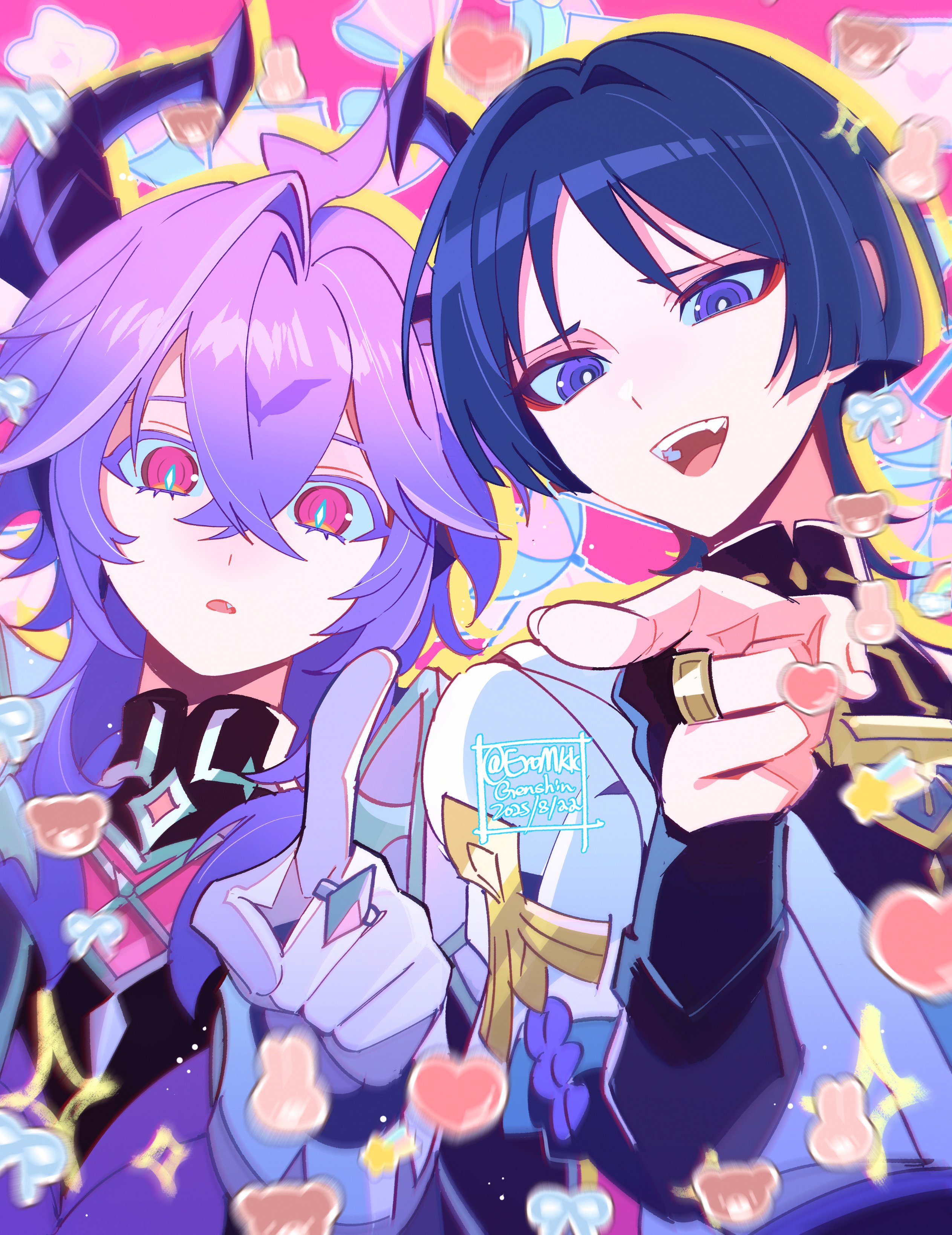 eromkk, mini durin (genshin impact), mini durin (human) (genshin impact), scaramouche (genshin impact), wanderer (genshin impact), genshin impact, absurdres, highres, 2boys, bishounen, dragon boy, dragon horns, gloves, hair between eyes, heart, horns, laughing, looking at viewer, male focus, multiple boys, open mouth, pink eyes, pink hair, pointing, pointing at viewer, purple eyes, short hair, smile, upper body, white gloves