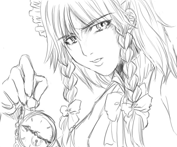 izayoi sakuya, touhou, 1girl, braid, female focus, greyscale, maid, monochrome, sketch, solo, twin braids